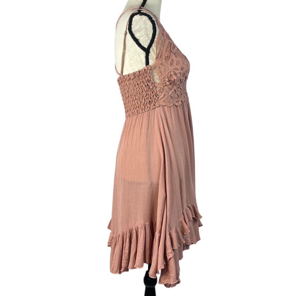 Free People One X-Small Adella Slip Mini Dress Rose Crochet Lace Flowy Smocked - Picture 6 of 12